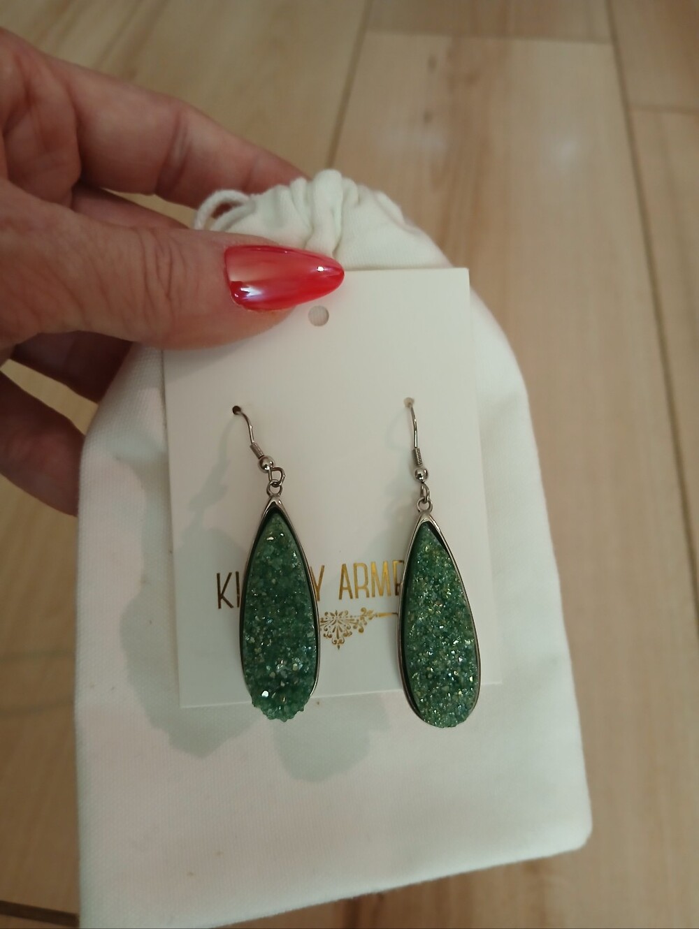 Kinsley Armelle Green Teardrop Druzy Earrings - Sparkling Green Drop Earrings - Picture 3 of 4